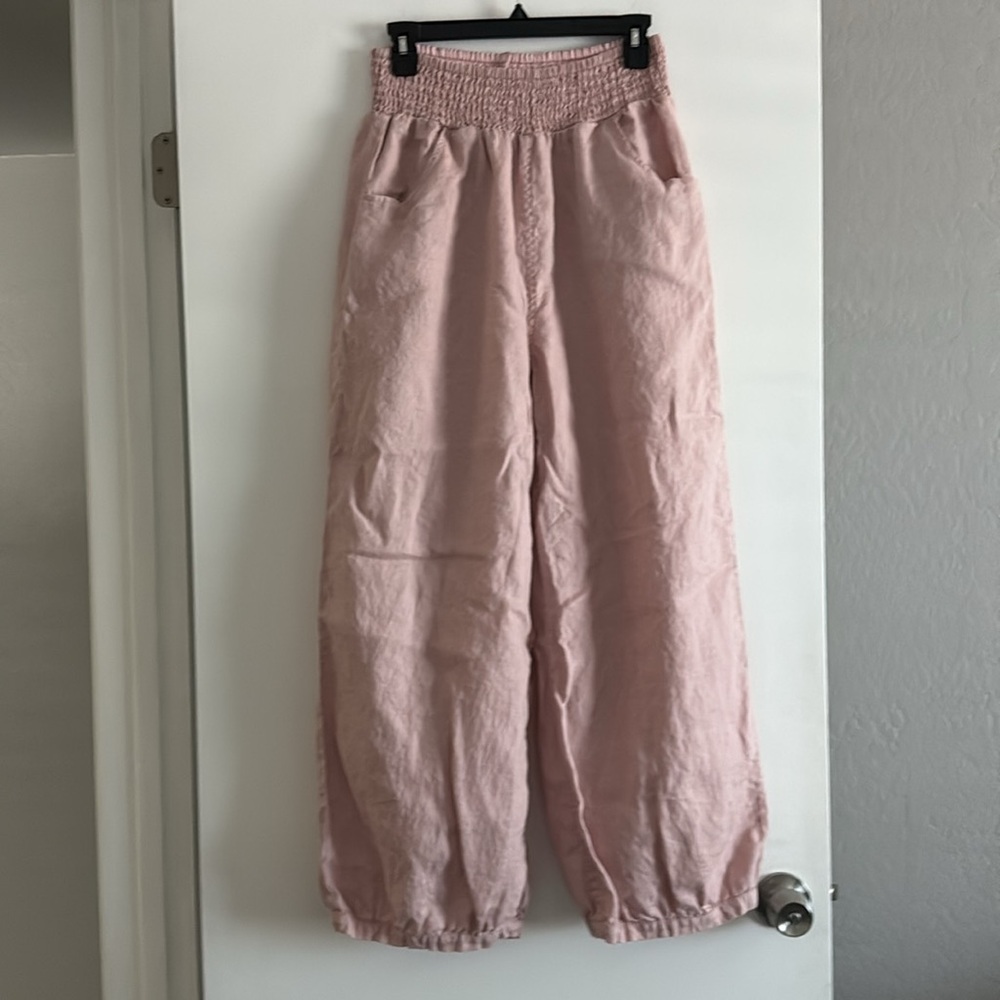 NOMAD THE LABEL PINK WOMENS SADHU FRENCH LINEN PANTS Medium Tall